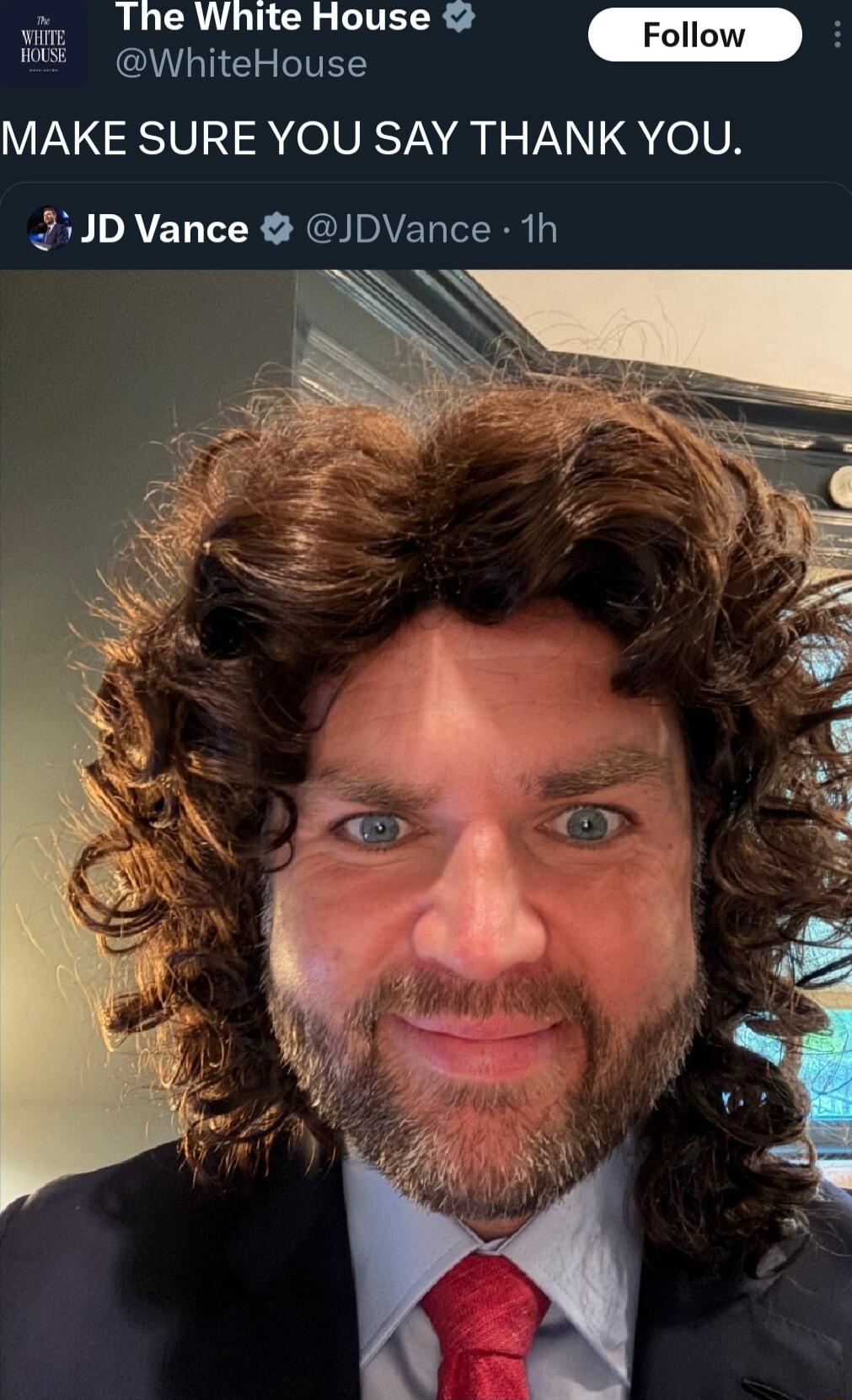 The White House @WhiteHouse Follow MAKE SURE YOU SAY THANK YOU. JD Vance @JDVance · 1h [image of a man with a curly wig]