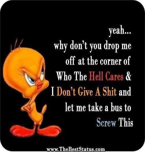 yeah... why don't you drop me off at the corner of Who The Hell Cares & I Don't Give A Shit and let me take a bus to Screw This