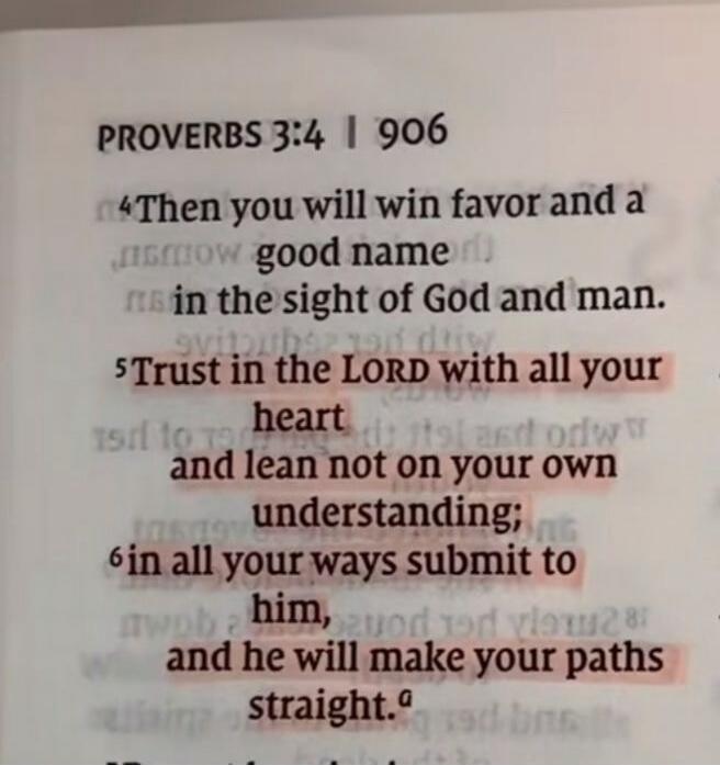 PROVERBS 3:4 | 906 Then you will win favor and a good name in the sight of God and man. Trust in the LORD with all your heart and lean not on your own understanding; in all your ways submit to him, and he will make your paths straight.