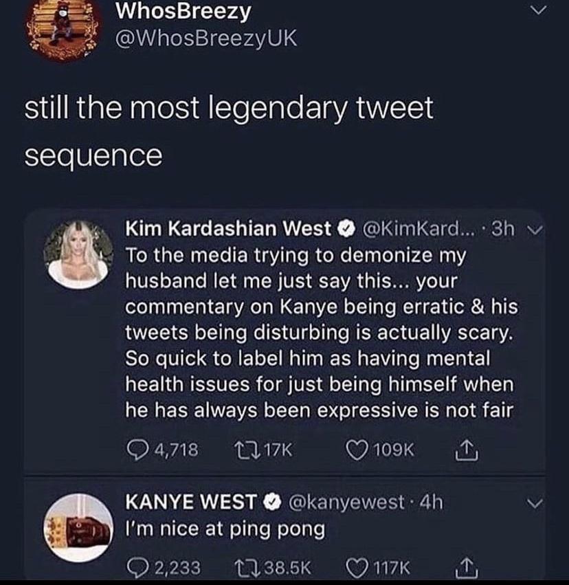 WhosBreezy M WhosBreezyUK SR Ch oS Ele I le EIRAUVEES sequence Kim Kardashian West KimKard 3h To the media trying to demonize my husband let me just say this your commentary on Kanye being erratic his tweets being disturbing is actually scary So quick to label him as having mental health issues for just being himself when he has always been expressive is not fair Qans AUK Qok N KANYE WEST kanyewes