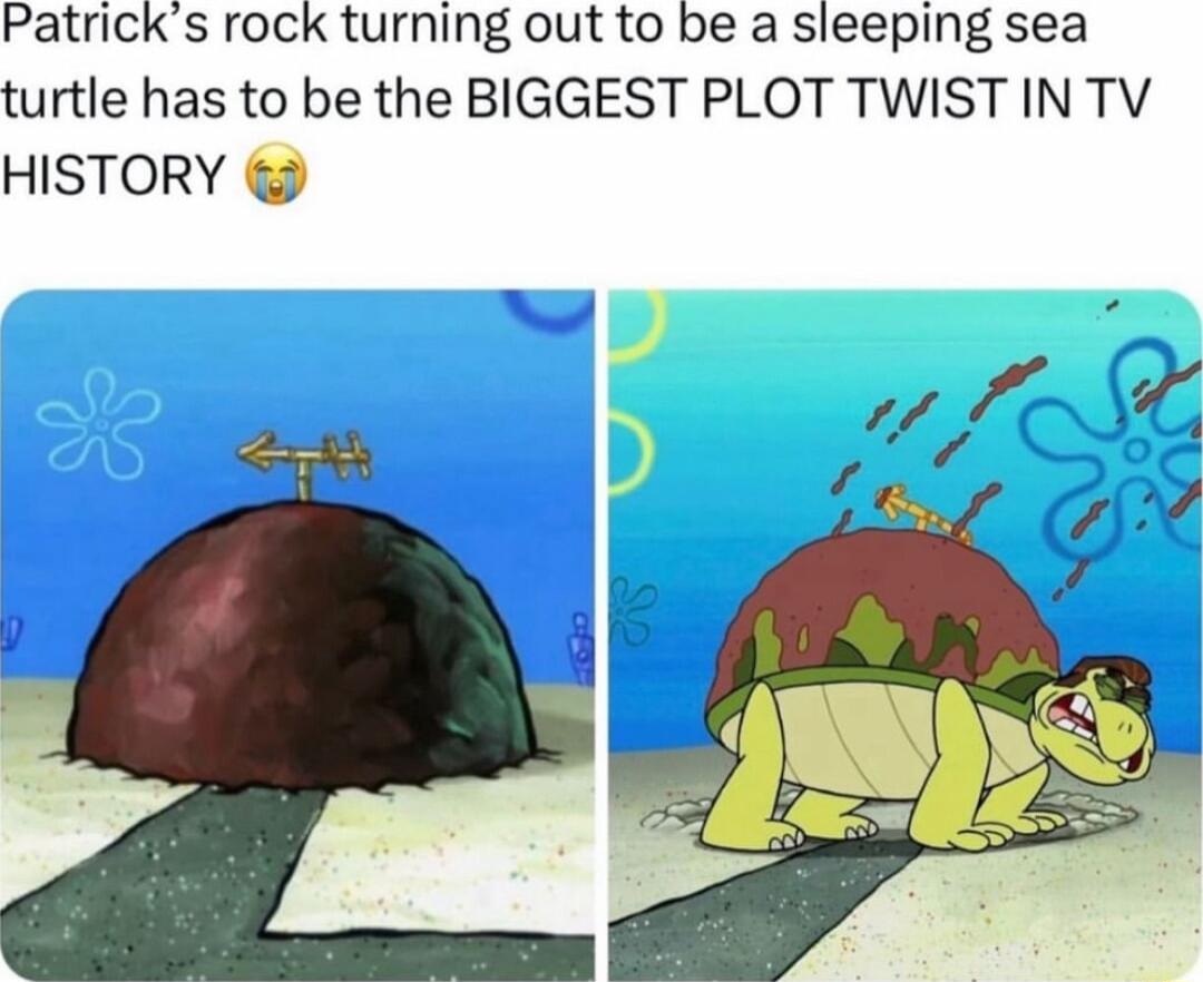 Patricks rock turning out to be a sleeping sea turtle has to be the BIGGEST PLOT TWIST IN TV HISTORY