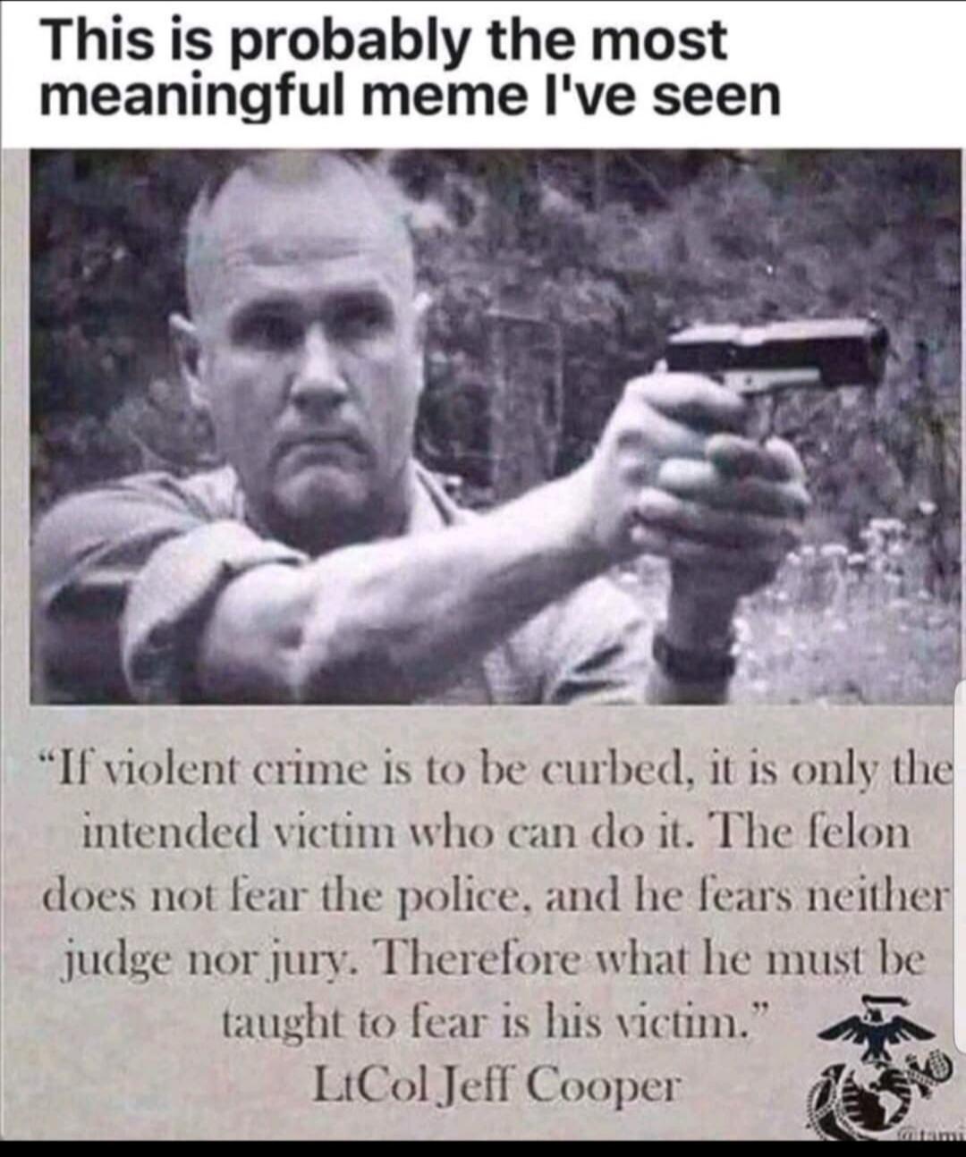 This is probably the most meaningful meme I've seen. If violent crime is to be curbed, it is only the intended victim who can do it. The felon does not fear the police, and he fears neither judge nor jury. Therefore what he must be taught to fear is his victim. LtCol Jeff Cooper.