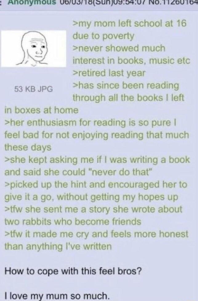 y FUVOITYVIIOUS VWU TRARIVEONUE TV 1 UV TOR my mom left school at 16 due to poverty y never showed much N interest in books music etc retired last year s3kBJPG has since been reading through all the books left in boxes at home her enthusiasm for reading is so pure feel bad for not enjoying reading that much these days she kept asking me if was writing a book and said she could never do that picked