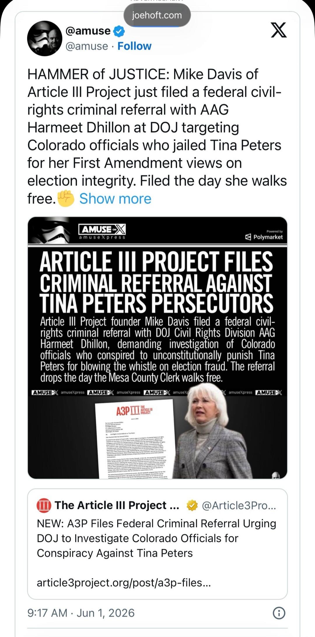 HAMMER of JUSTICE: Mike Davis of Article III Project just filed a federal civil-rights criminal referral with AAG Harmeet Dhillon at DOJ targeting Colorado officials who jailed Tina Peters for her First Amendment views on election integrity. Filed the day she walks free. ARTICLE III PROJECT FILES CRIMINAL REFERRAL AGAINST TINA PETERS PERSECUTORS. A