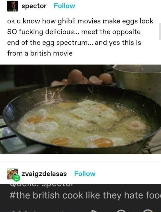 spector ok u know how ghibli movies make eggs look SO fucking delicious meet the opposite end of the egg spectrum and yes this is from a british movie 2 R o TS aWelolo I CRUNEVAF 1 B o6 sssg e pao e