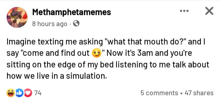 Methamphetamemes e X 8hoursago Imagine texting me asking what that mouth doand say come and find out 3 Now its 3am and youre sitting on the edge of my bed listening to me talk about how we live in a simulation Do 74 5 comments 47 shares