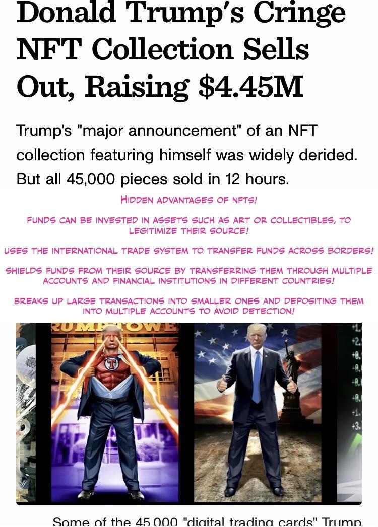 Donald Trumps Cringe NFT Collection Sells Out Raising 445M Trumps major announcement of an NFT collection featuring himself was widely derided But all 45000 pieces sold in 12 hours Qamea of tha 45 000 Hiaital trading cards Trimn