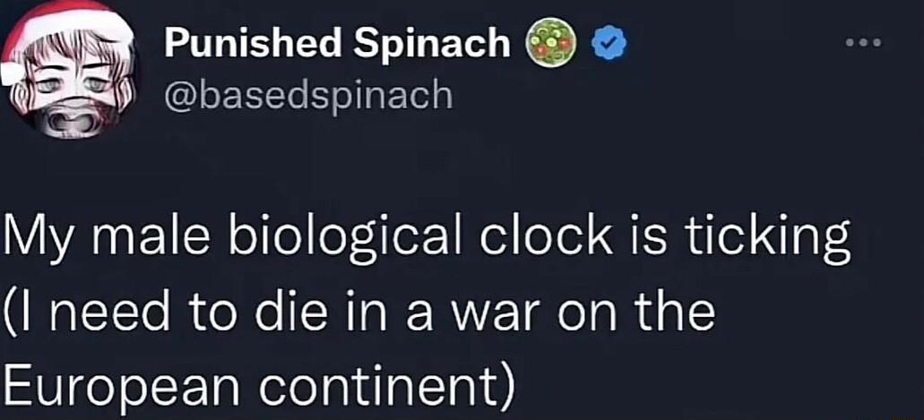 Punished Spinach IEREERET My male biological clock is ticking I need to die in a war on the European continent