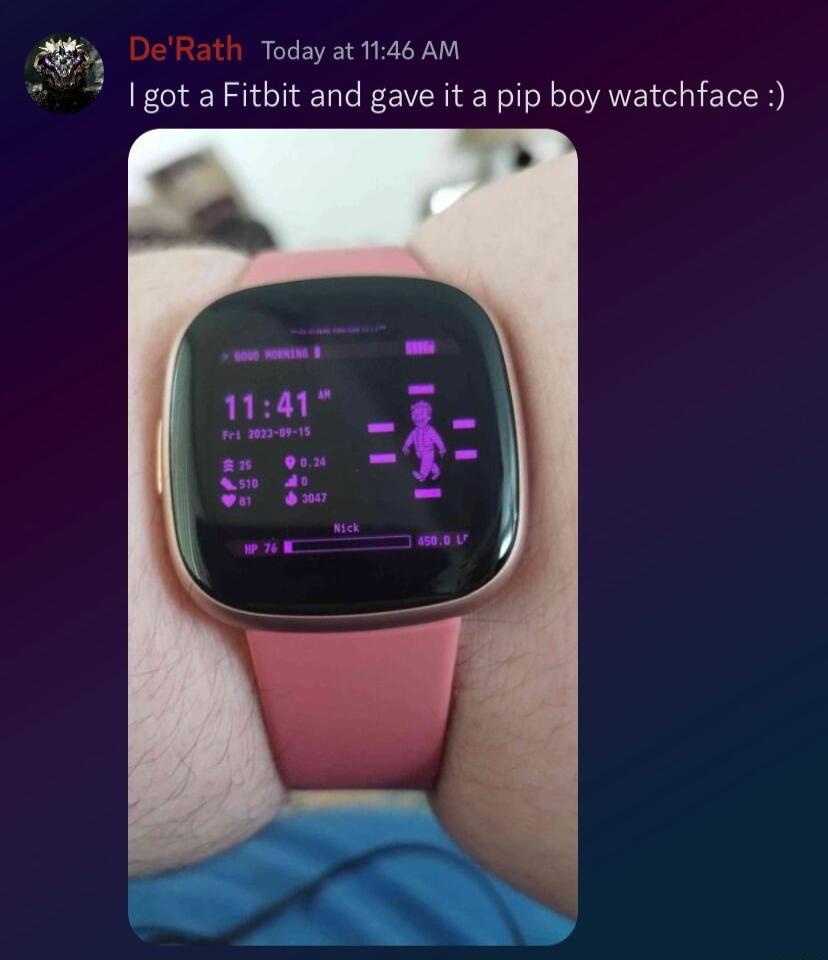 Today at 1146 AM lgot aFitbit and gave it a pip boy watchface