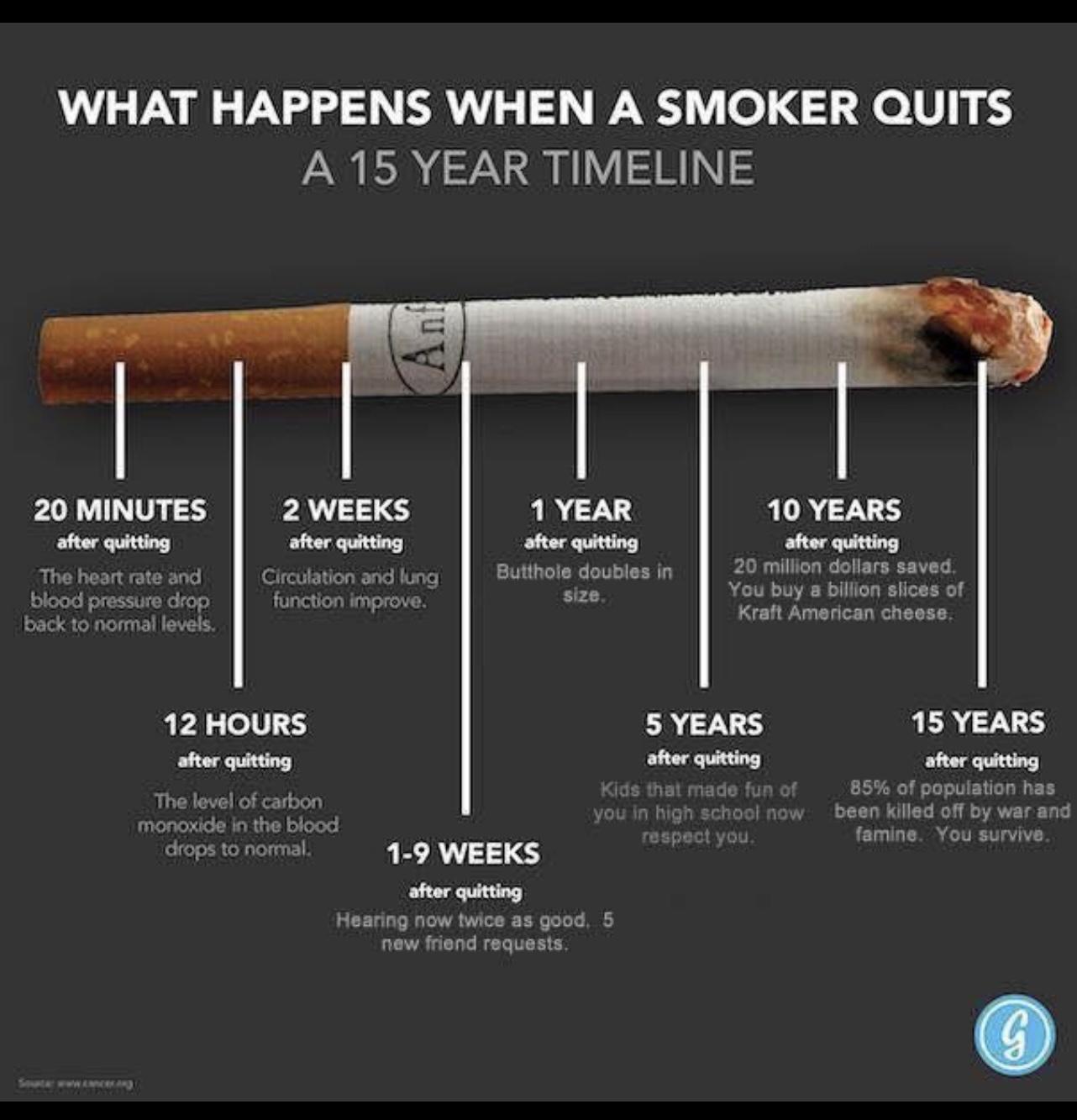WHAT HAPPENS WHEN A SMOKER QUITS AT 4 AY S BTN S 20 MINUTES FAL S 1 YEAR 10 YEARS after quitting after quitting after quitting after quitting The heart rate and Circulation and lung Butthole doubles in 20 million dgllars saved blood pressure drop function improve ize You buy bijilon aices of back to normal levels IVaft American chisess 15 YEARS after quitting 85 of popuiation has E been killed off