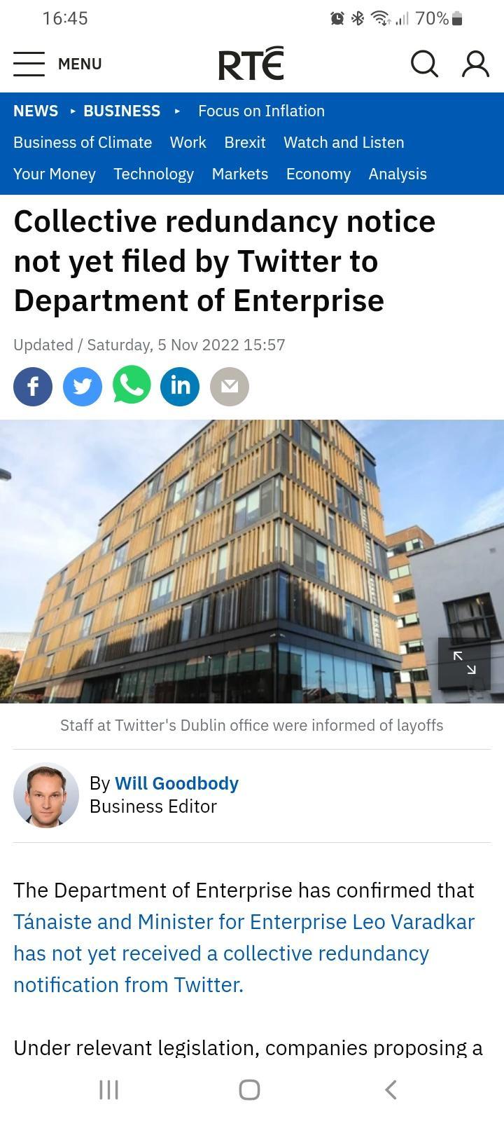 NEWS BUSINESS Focus on Inflation Busines ate xit Watch and Listen Collective redundancy notice not yet filed by Twitter to Department of Enterprise 0000 5y will Goodbody Business Editor A The Department of Enterprise has confirmed that Tanaiste and Minister for Enterprise Leo Varadkar has not yet received a collective redundancy notification from Twitter Under relevant legislation companies propos