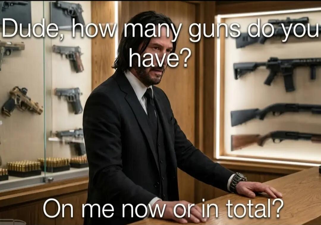 Dude, how many guns do you have? On me now or in total?