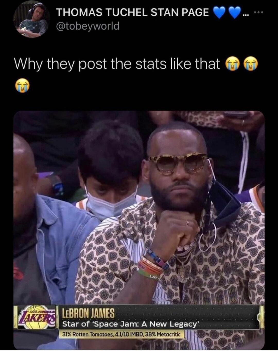 F THOMAS TUCHEL STAN PAGE 0 tobeyworld Why they post the stats like that L LBRON JANES Star of Space Jam A New Legacy