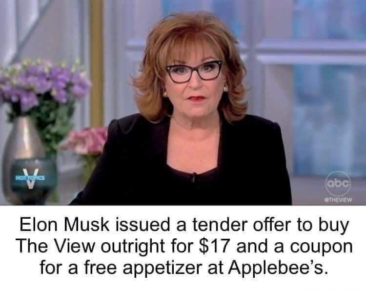 Elon Musk issued a tender offer to buy The View outright for 17 and a coupon for a free appetizer at Applebees