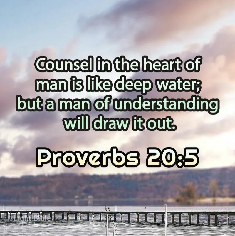 Counsel in the heart of man is like deep water; but a man of understanding will draw it out. Proverbs 20:5