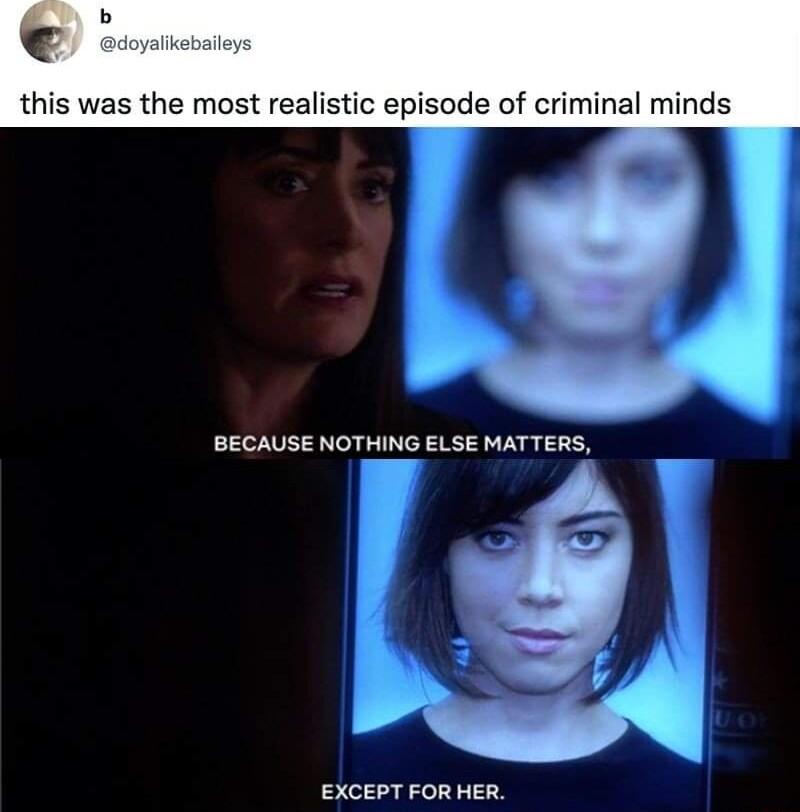 oo this was the most realistic episode of criminal minds BECAUSE NOTHING ELSE MATTERS EXCEPT FORHER