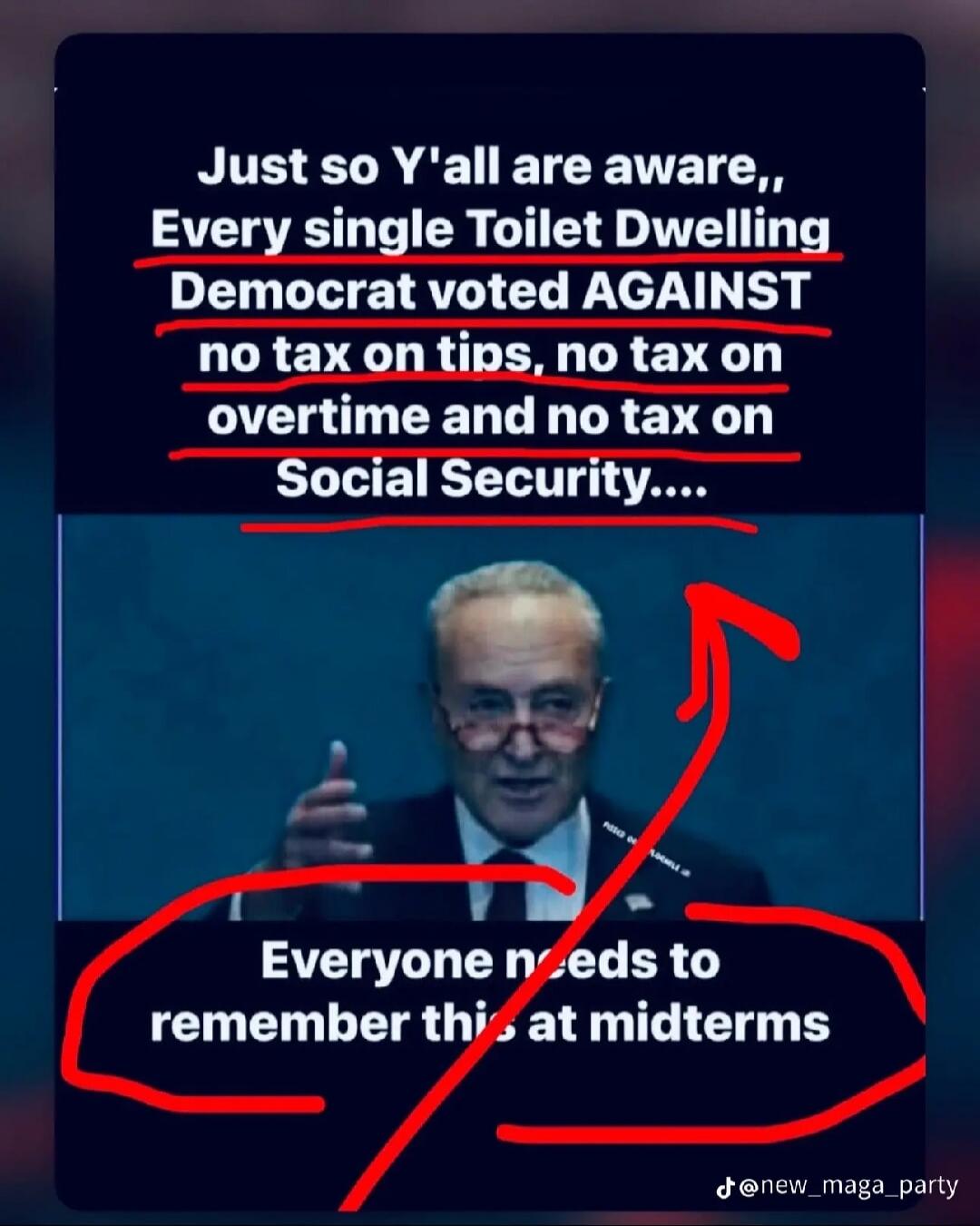 Just so Y'all are aware, Every single Toilet Dwelling Democrat voted AGAINST no tax on tips, no tax on overtime and no tax on Social Security. Everyone needs to remember this at midterms.