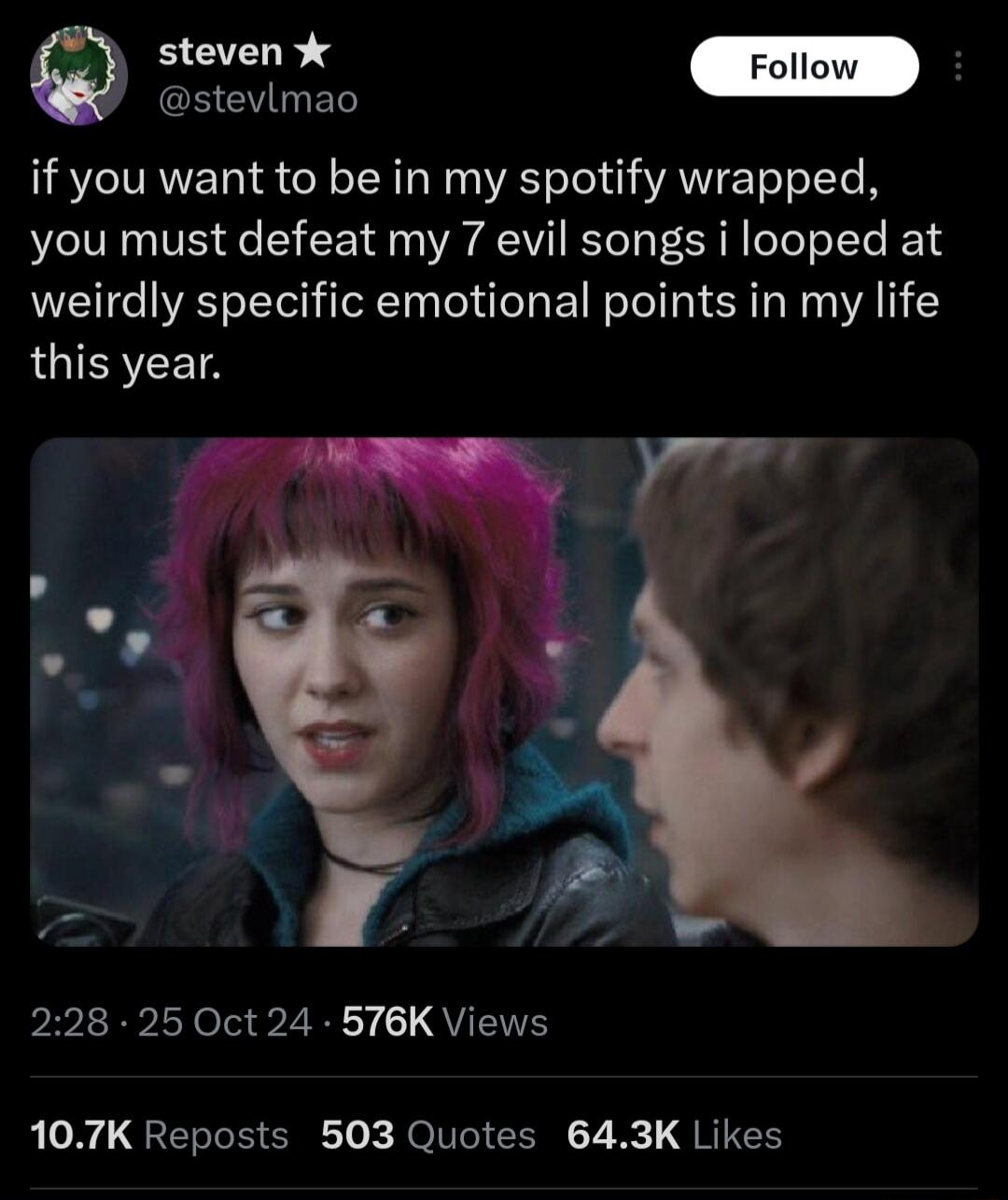 steven k stevimao if you want to be in my spotify wrapped you must defeat my 7 evil songs i looped at weirdly specific emotional points in my life this year P LRI el PLEET QUENE 107K Reposts 503 Quotes 643K Likes