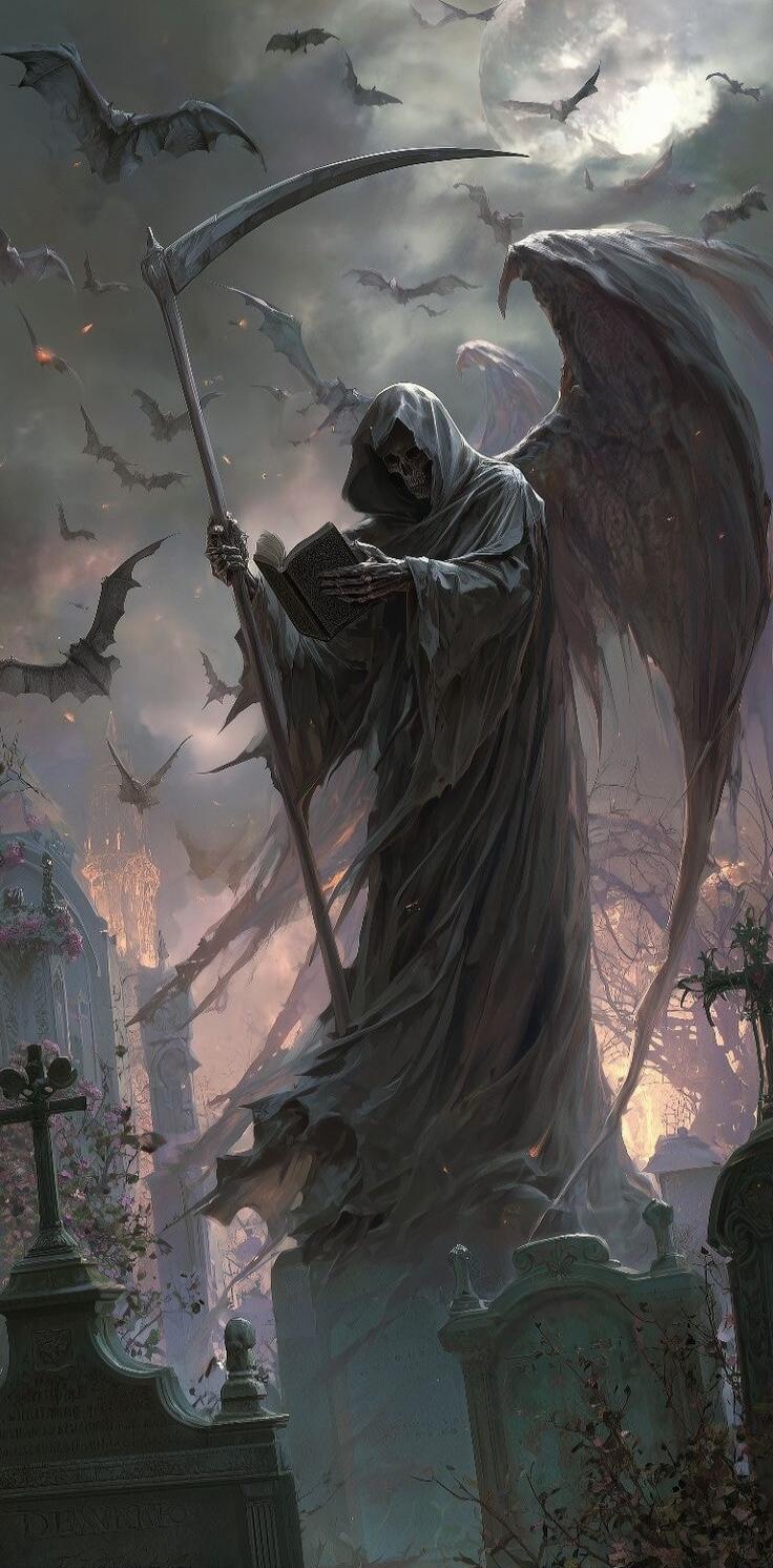 A hooded skeletal grim reaper stands in a haunted graveyard, holding a large scythe and a book, with dark wings and eerie tombstones around.