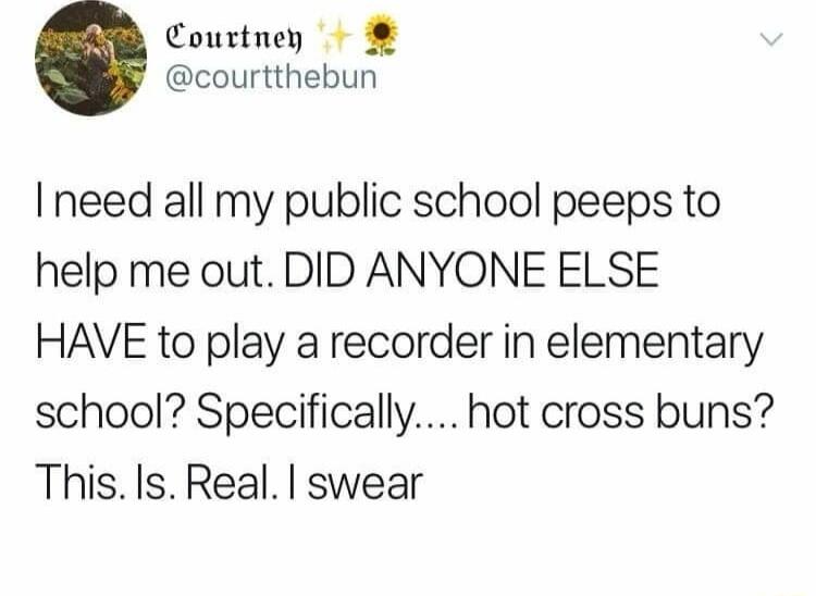 Courtney courtthebun I need all my public school peeps to help me out DID ANYONE ELSE HAVE to play a recorder in elementary school Specifically hot cross buns This Is Real swear