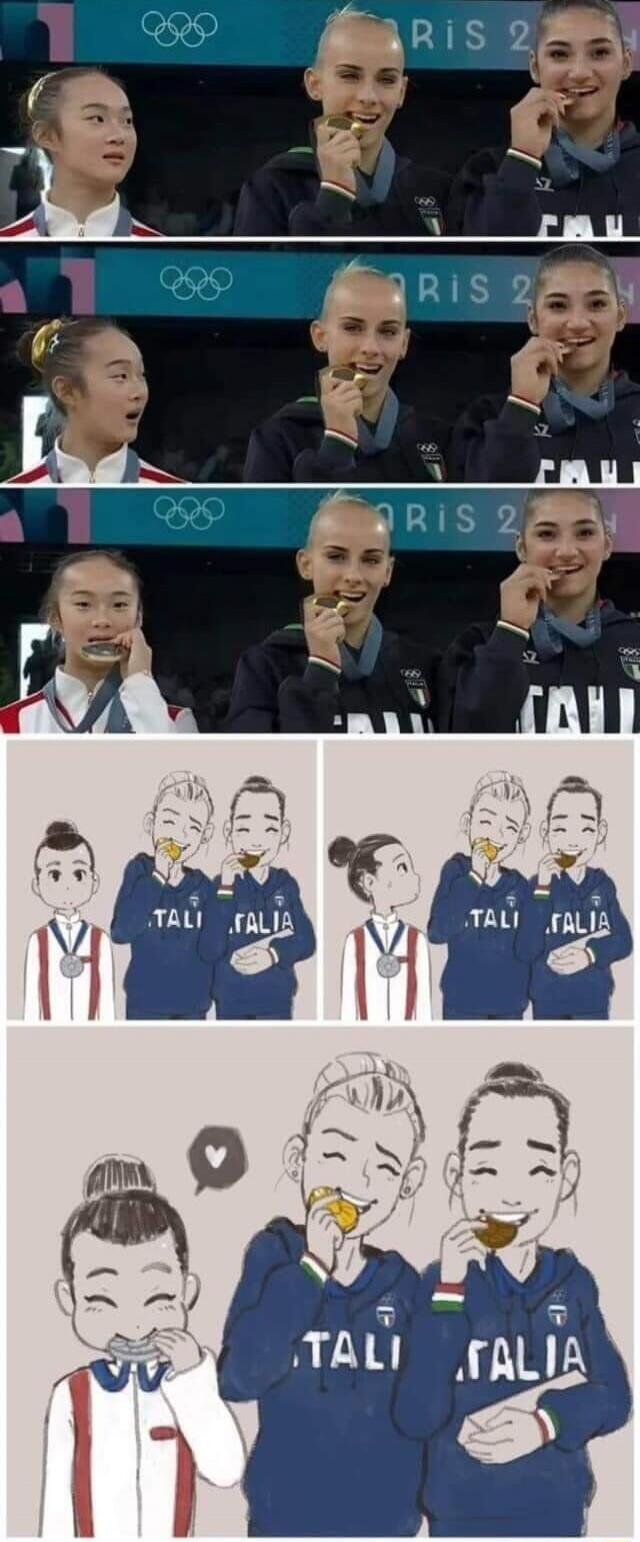 RIS 2. ITALIA. TALI. TALIA. Three athletes on a podium. Two Italian athletes bite their gold medals, and a third athlete with a silver medal watches, then also bites her medal. The cartoon depicts the same scene with a friendly interaction.