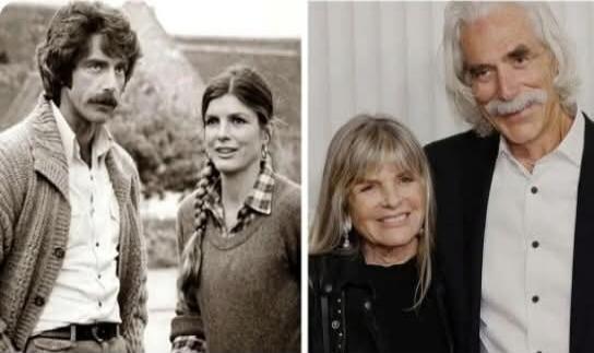 A split image showing actor Sam Elliott and actress Katharine Ross. On the left, a black and white photo of them in their youth. On the right, a color photo of them in their older age, smiling together.