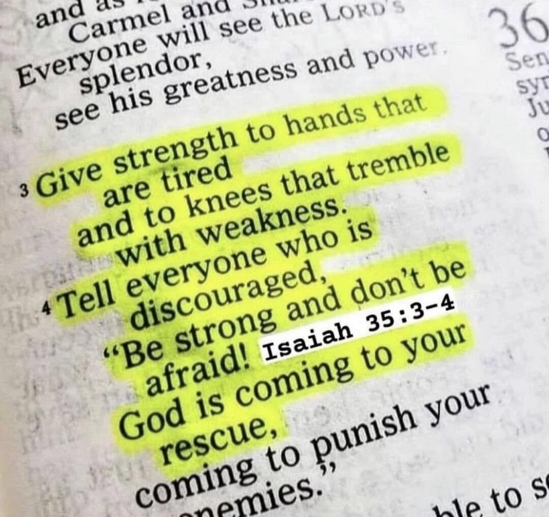 and as Carmel and Everyone will see the LORD's splendor, see his greatness and power. Give strength to hands that are tired and to knees that tremble with weakness. Tell everyone who is discouraged, 