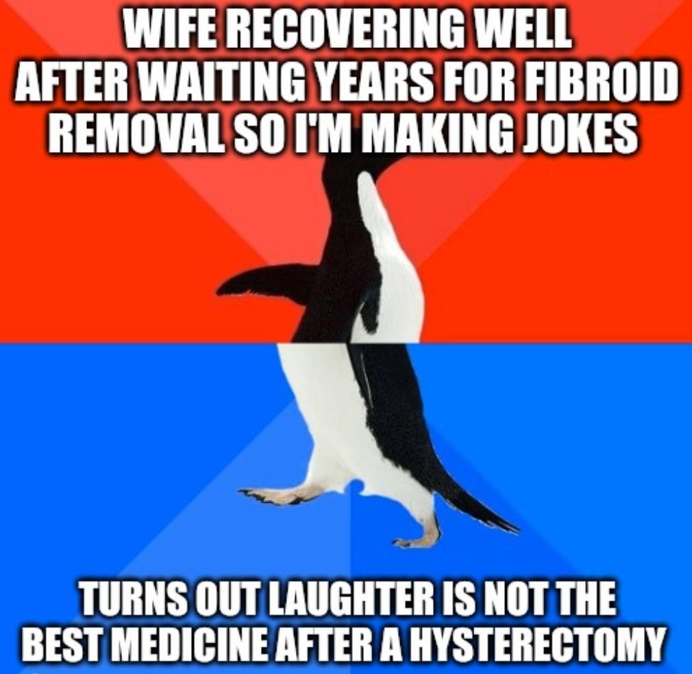 WIFE RECOVERING WELL AFTER WAITING YEARS FOR FIBROID REMOVALSO IM MAKING JOKES b TURNS OUT LAUGHTER IS NOT THE BEST MEDICINE AFTER A HYSTERECTOMY