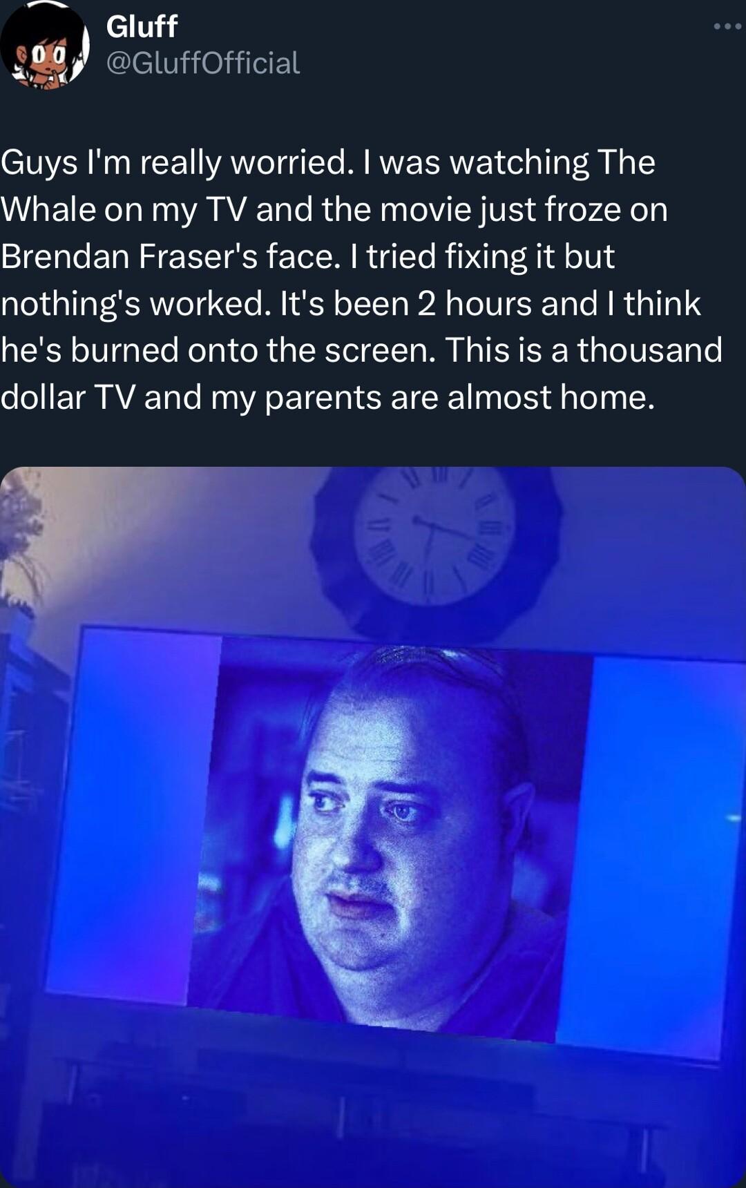 Gluff u GluffOfficial Guys Im really worried was watching The Whale on my TV and the movie just froze on Brendan Frasers face tried fixing it but nothings worked Its been 2 hours and think hes burned onto the screen This is a thousand dollar TV and my parents are almost home