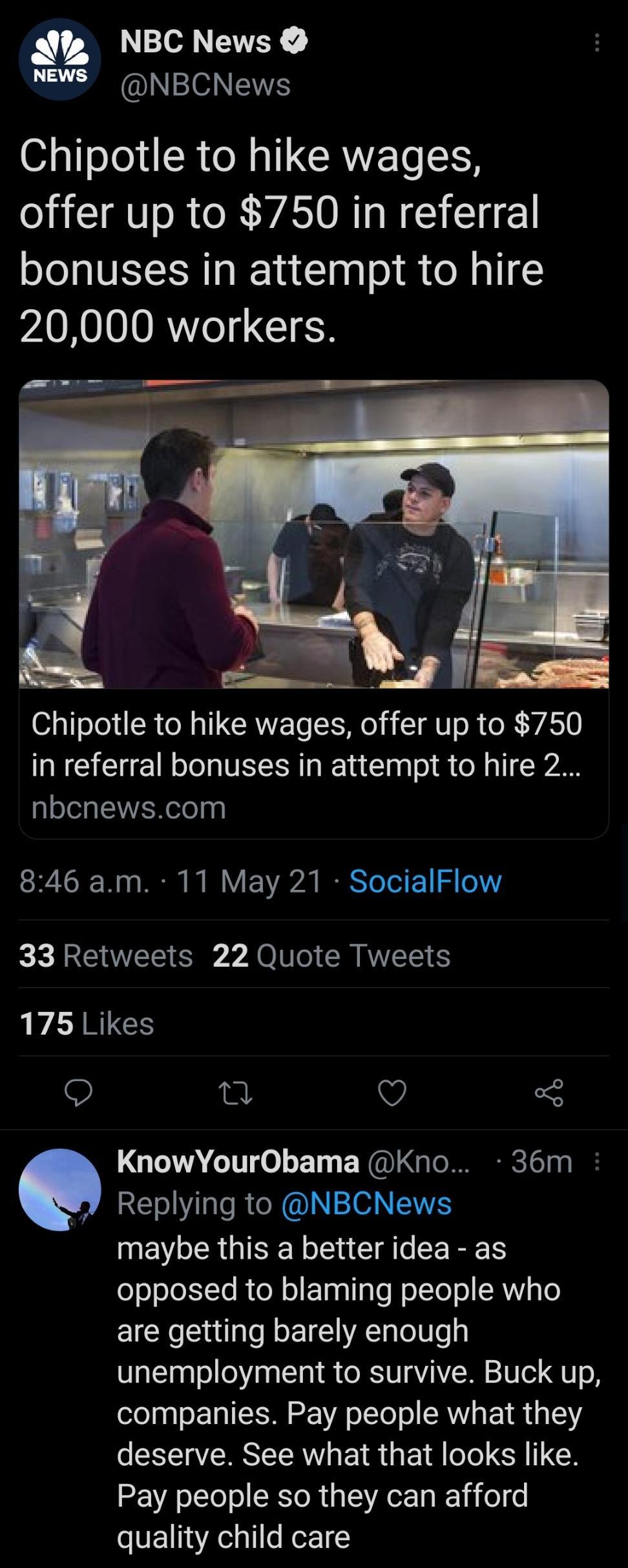 o7 NBC News NEWS NBCNews 0 g1o T RO CRVE O5 F offer up to 750 in referral bonuses in attempt to hire VKOO ORYe11 ISR e O LN o 0 ToJo1 0 o N g LCRNE e LIS o A T U o R o R W40 in referral bonuses in attempt to hire 2 nbcnewscom 846 am 11 May 21 SocialFlow 33 Retweets 22 Quote Tweets VARG O v o2 KnowYourObama Kno 36m Replying to NBCNews maybe this a better idea as oosToXITo R o o Tl aTe olYo o SRV gT