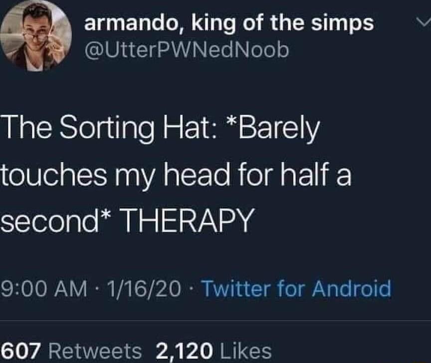 ELUED TG K R GRS 1101 Il oTe o The Sorting Hat Barely touches my head for half a second THERAPY 900 AM 11620 Twitter for Android 607 Retweets 2120 Likes
