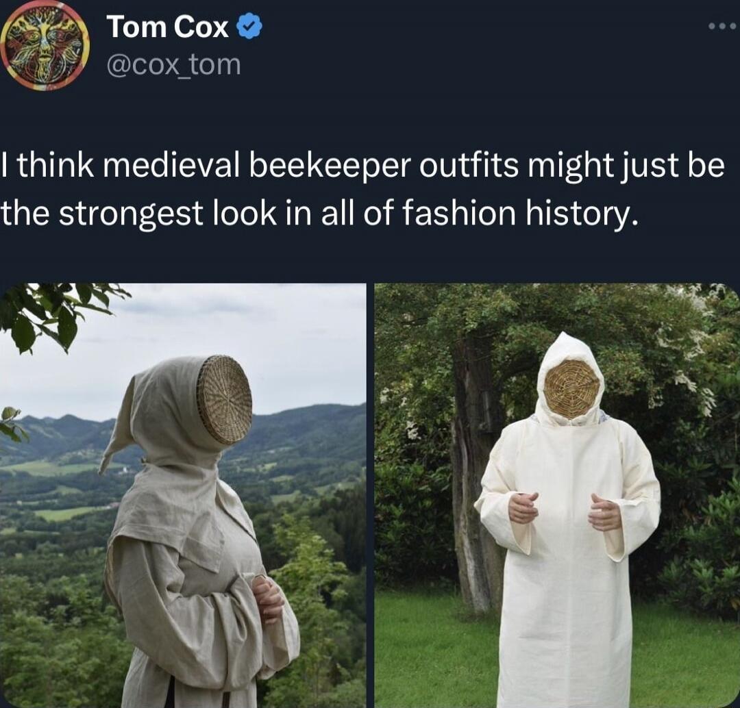 I think medieval beekeeper outfits might just be the strongest look in all of fashion history.