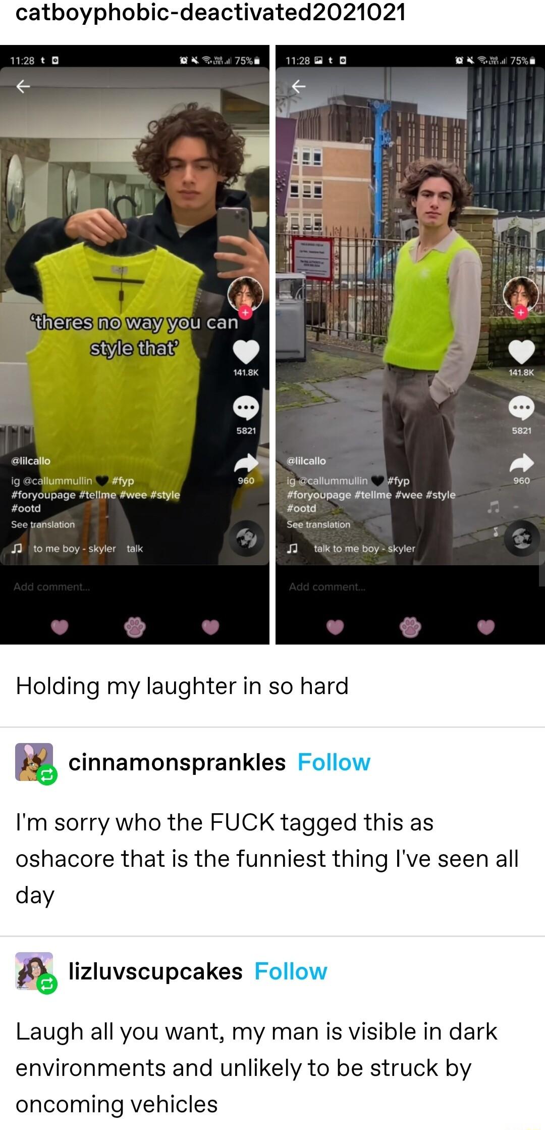 catboyphobic deactivated2021021 Holding my laughter in so hard cinnamonsprankles Im sorry who the FUCK tagged this as oshacore that is the funniest thing Ive seen all day lizluvscupcakes Laugh all you want my man is visible in dark environments and unlikely to be struck by oncoming vehicles