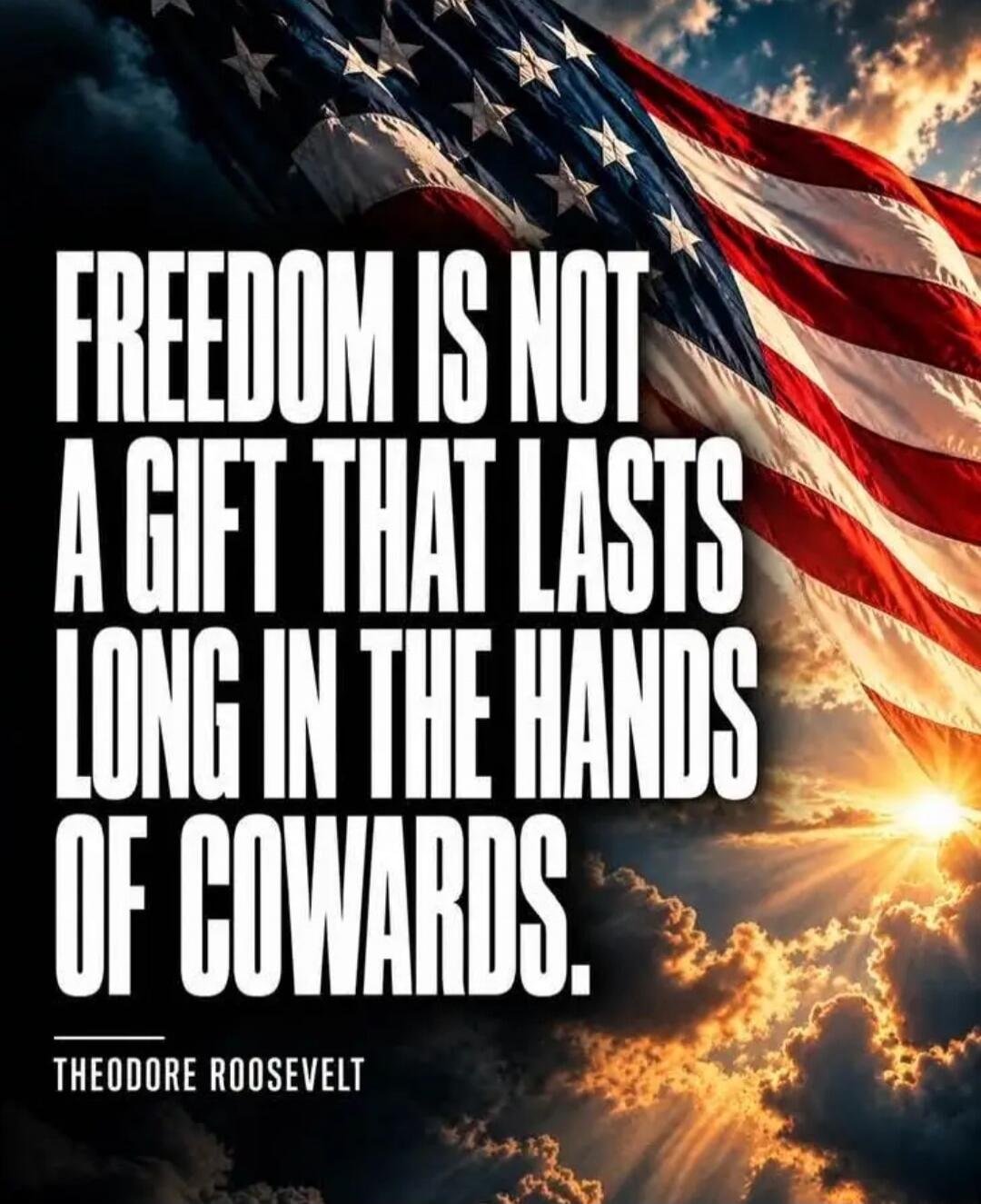 FREEDOM IS NOT A GIFT THAT LASTS LONG IN THE HANDS OF COWARDS. THEODORE ROOSEVELT