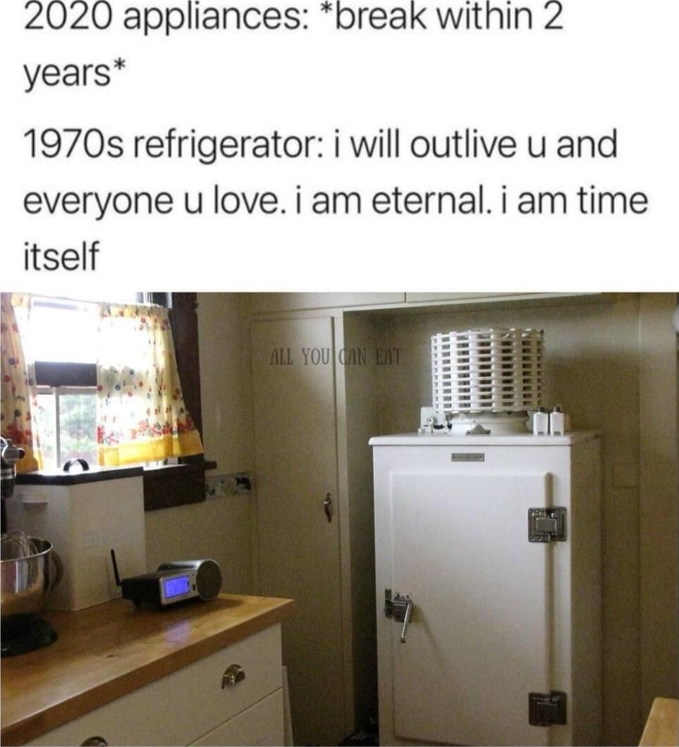 020 appliances years 1970s refrigerator i will outlive u and everyone u love i am eternaliam time itself