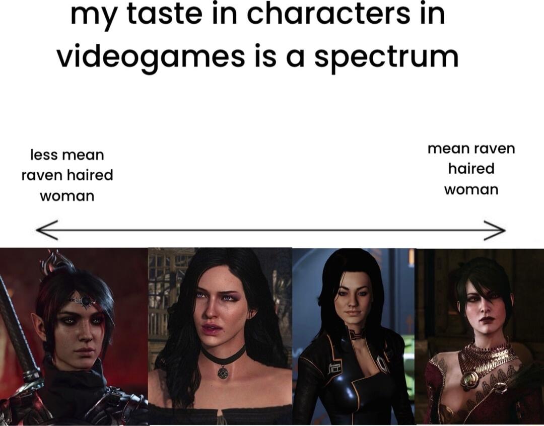 my taste in characters in videogames is a spectrum less mean mean raven raven haired haired woman woman