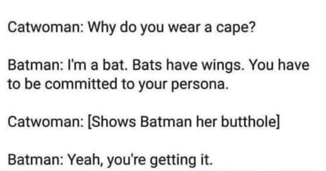 Catwoman Why do you wear a cape Batman Im a bat Bats have wings You have to be committed to your persona Catwoman Shows Batman her butthole Batman Yeah youre getting it