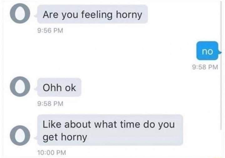 o Are you feeling horny 956 PM 958 PM 0 Ohh ok 958 PM Like about what time do you get horny 1000 PM