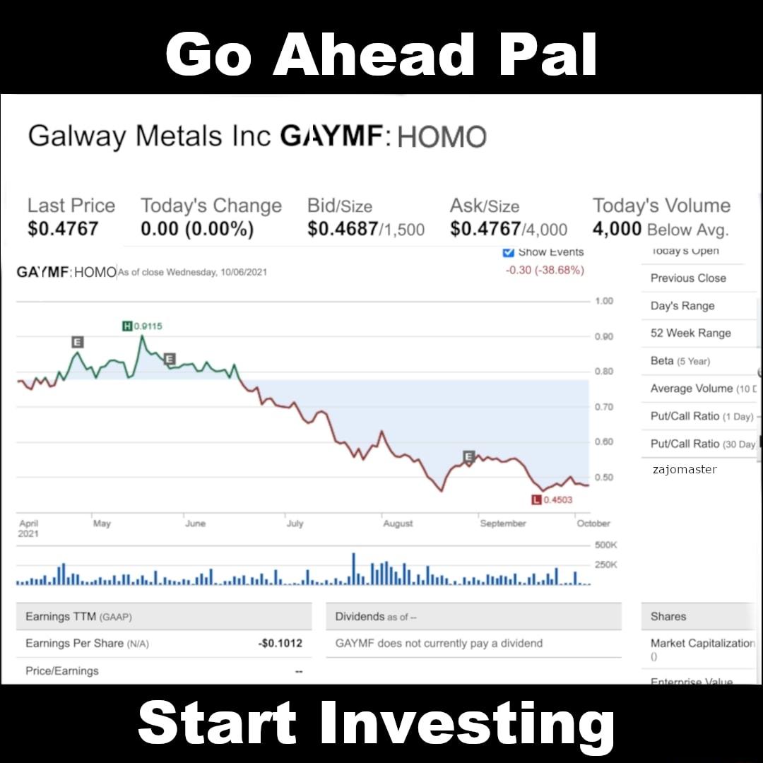 Go Ahead Pal Galway Metals Inc GAYMF HOMO Last Price Todays Change BidSize AskSize Todays Volume 04767 000 000 046871500 047674000 GAfMFHOMO Pre Day moo a ta age Volur all Rat utCall Raf zajomaster cnallitecsitttn L sl I lllm cateduinlalabl L Eamings TTM Dividends Shares Eamings Per Share 01012 A Market Capitalizatic Start Investing