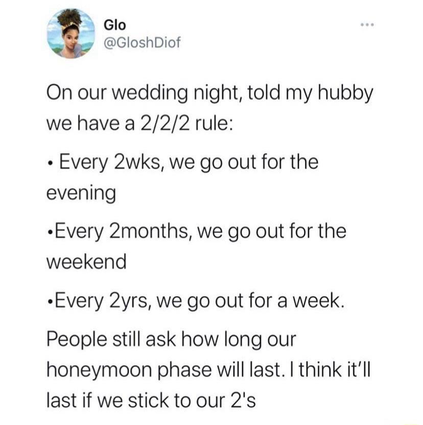 On our wedding night, told my hubby we have a 2/2/2/2 rule: Every 2wks, we go out for the evening. Every 2months, we go out for the weekend. Every 2yrs, we go out for a week. People still ask how long our honeymoon phase will last. I think it'll last if we stick to our 2's