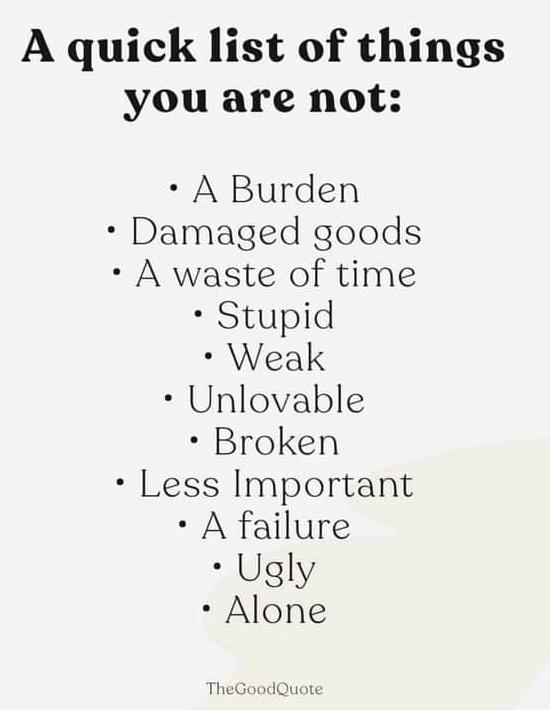 A quick list of things you are not A Burden Damaged goods A waste of time Stupid Weak Unlovable Broken Less Important A failure Ugly Alone TheGoodQuote