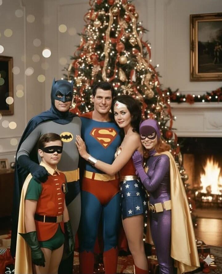 A family posing in superhero costumes (Batman, Robin, Superman, Wonder Woman, Batgirl) in a Christmas-themed living room.