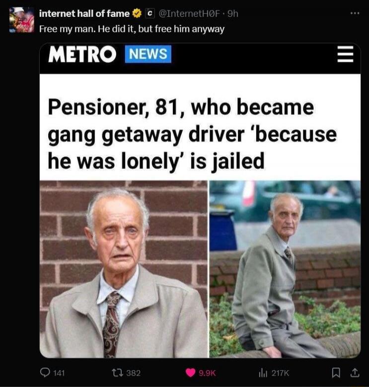 Pensioner, 81, who became gang getaway driver ‘because he was lonely’ is jailed
METRO NEWS