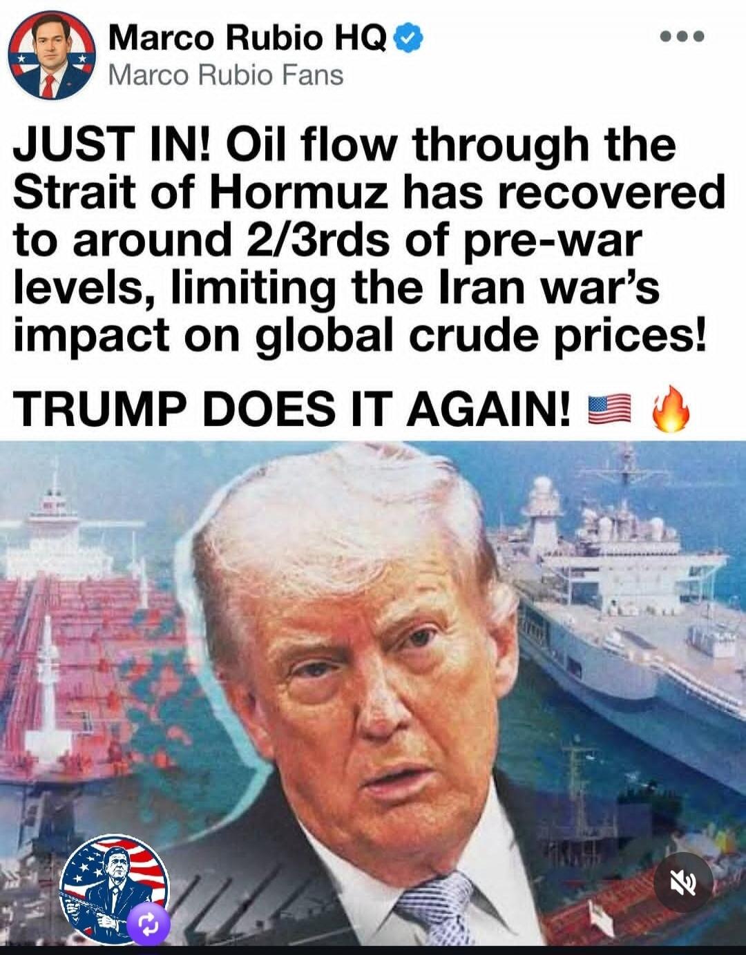 Marco Rubio HQ Marco Rubio Fans JUST IN! Oil flow through the Strait of Hormuz has recovered to around 2/3rds of pre-war levels, limiting the Iran war's impact on global crude prices! TRUMP DOES IT AGAIN!
