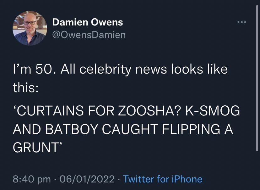 Damien Owens 0OwensDamien Im 50 All celebrity news looks like LIS CURTAINS FOR ZOOSHA K SMOG AND BATBOY CAUGHT FLIPPING A GRUNT 840 pm 06012022 Twitter for iPhone