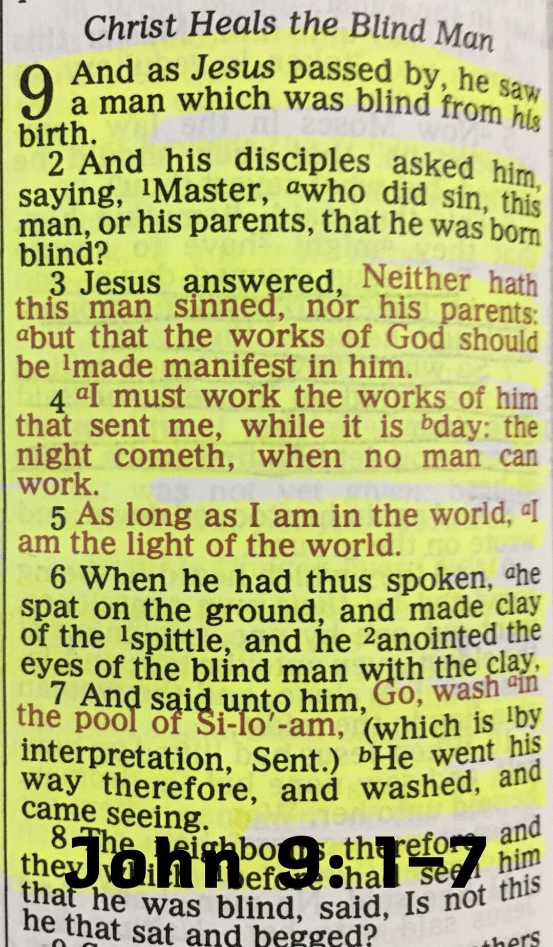 Christ Heals the Blind Man. John 9:1-7. And as Jesus passed by, he saw a man which was blind from his birth. And his disciples asked him, saying, Master, who did sin, this man, or his parents, that he was born blind? Jesus answered, Neither hath this man sinned, nor his parents: but that the works of God should be made manifest in him. I must work 