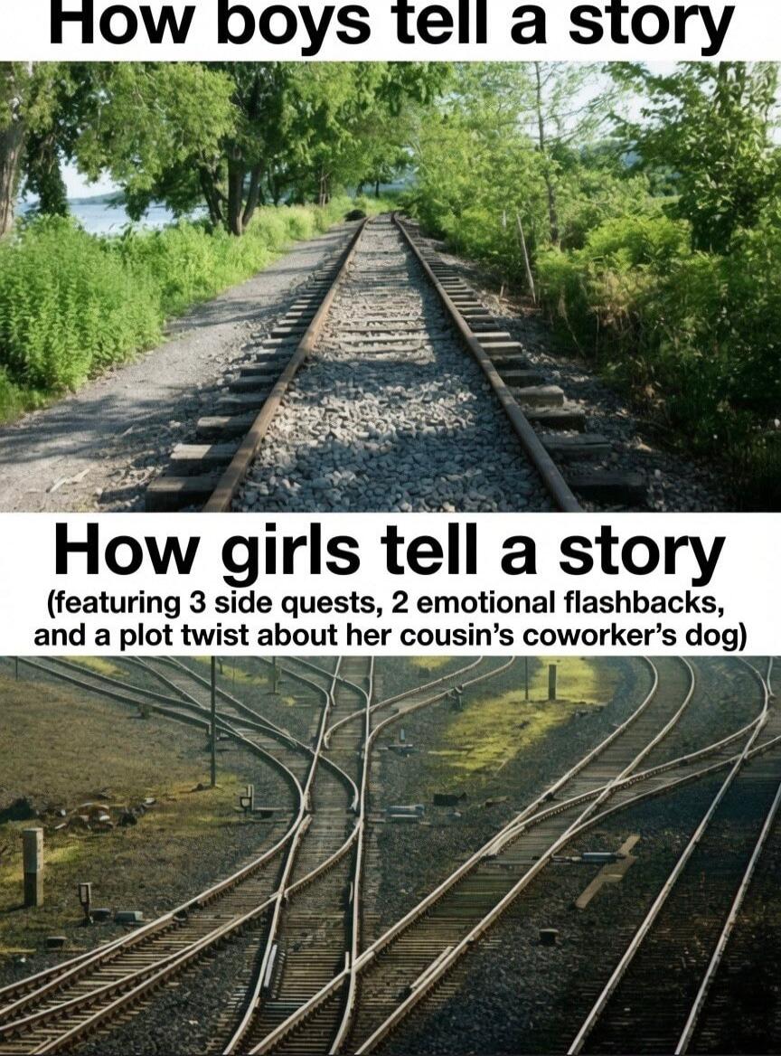 How boys tell a story How girls tell a story (featuring 3 side quests, 2 emotional flashbacks, and a plot twist about her cousin's coworker's dog)
