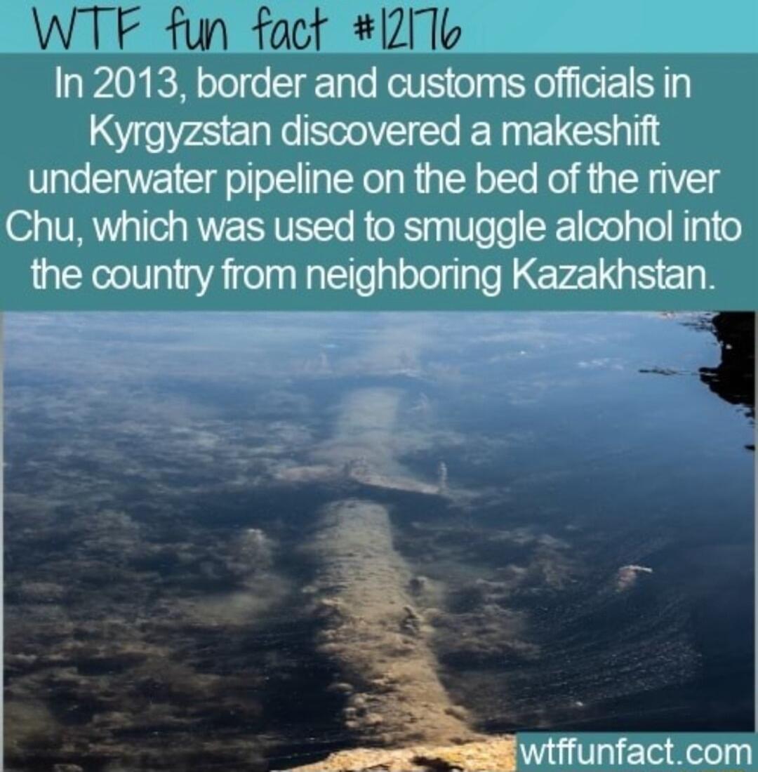 WTF fun fact 2Tb S In 2013 border and customs officials in Kyrgyzstan discovered a makeshift underwater pipeline on the bed of the river Chu which was used to smuggle alcohol into