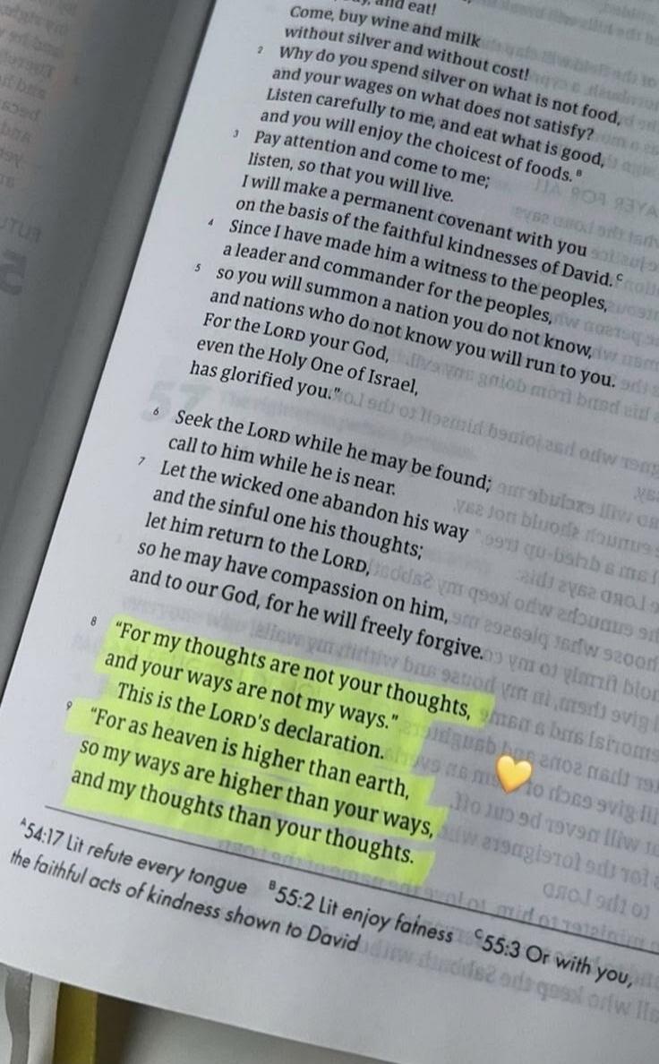 For my thoughts are not your thoughts, and your ways are not my ways. This is the LORD's declaration. For as heaven is higher than earth, so my ways are higher than your ways, and my thoughts than your thoughts.