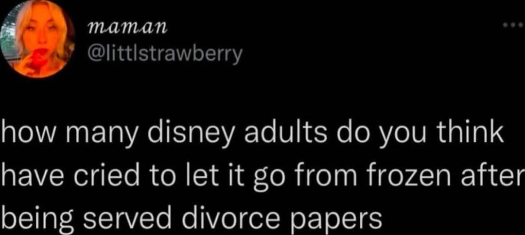maman littlstrawberry how many disney adults do you think have cried to let it go from frozen after being served divorce papers